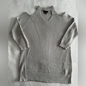 Gray open shoulder crew neck knit sweater